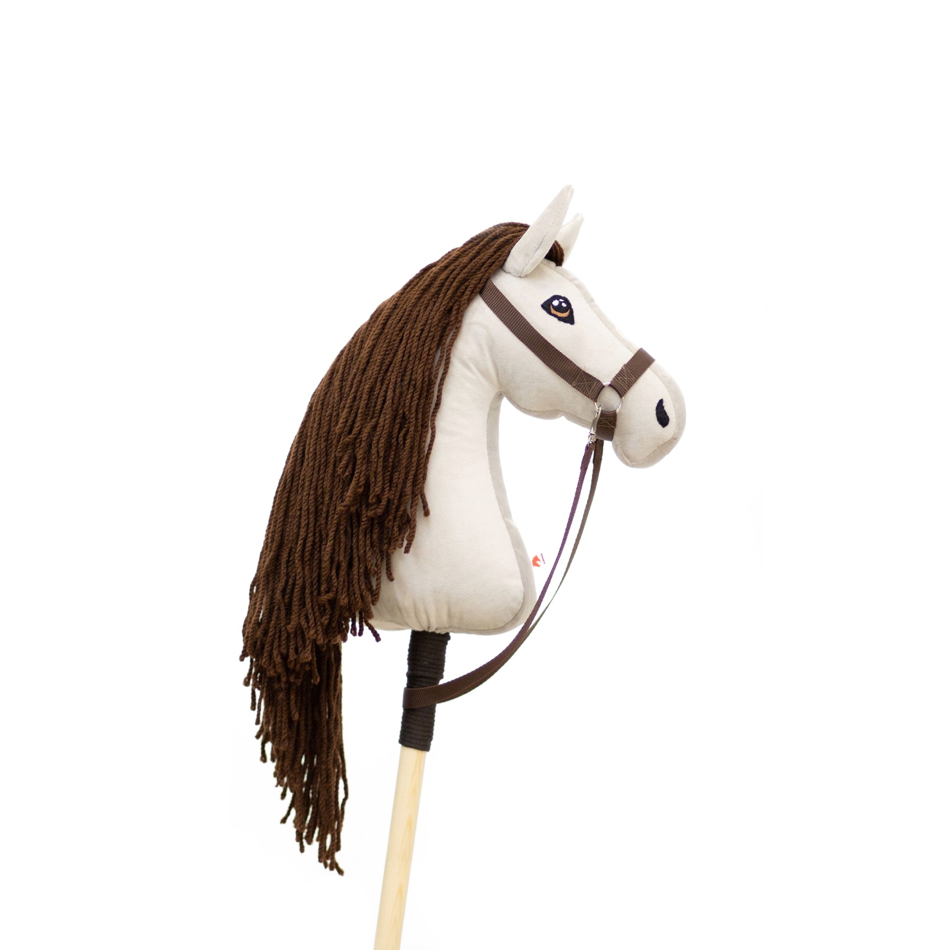 Bílý hobby horse bělouš jménem Cora, hříbě na tyči, česká ruční výroba.