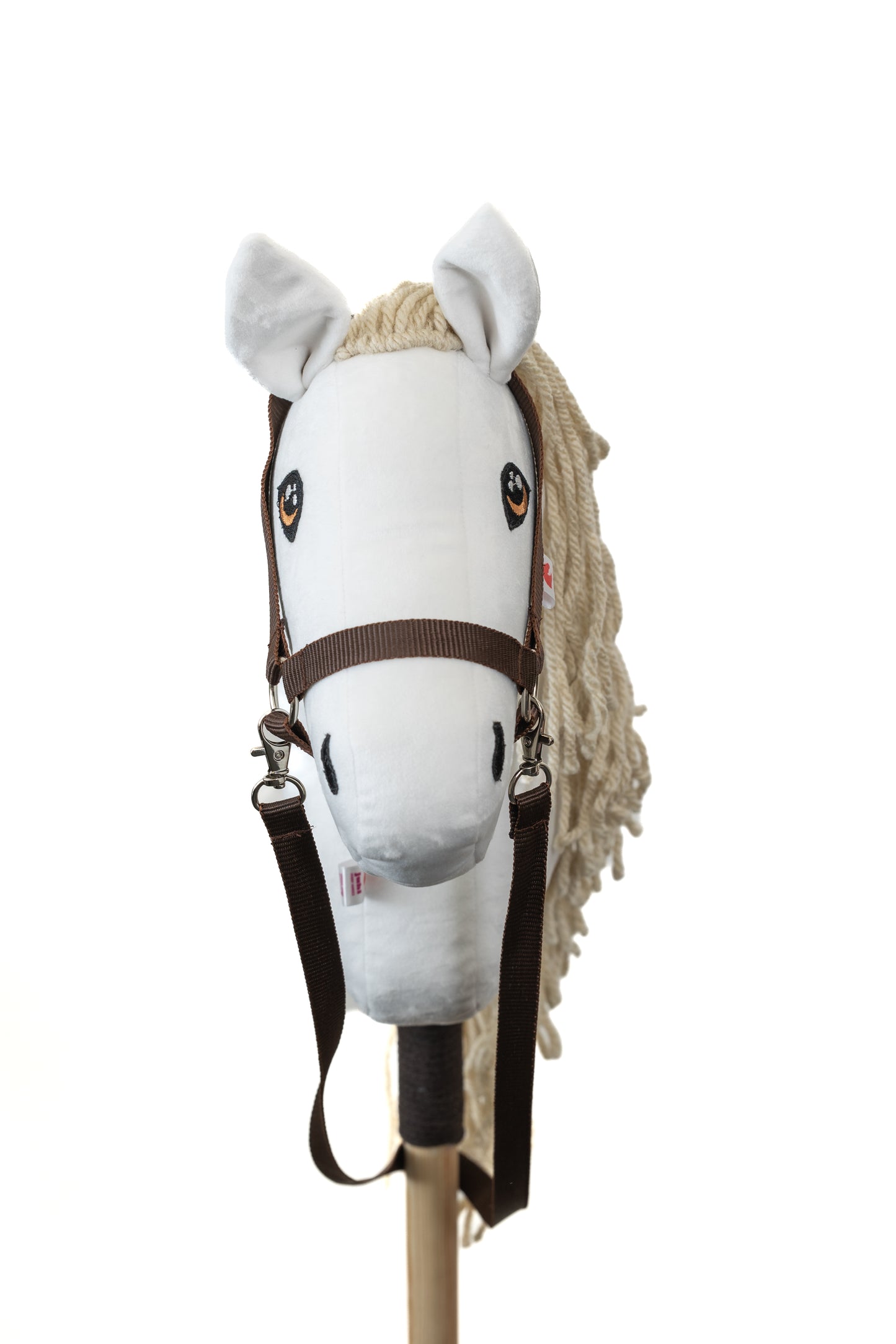 Bílý hobby horse bělouš jménem Snow, hříbě na tyči, česká ruční výroba.