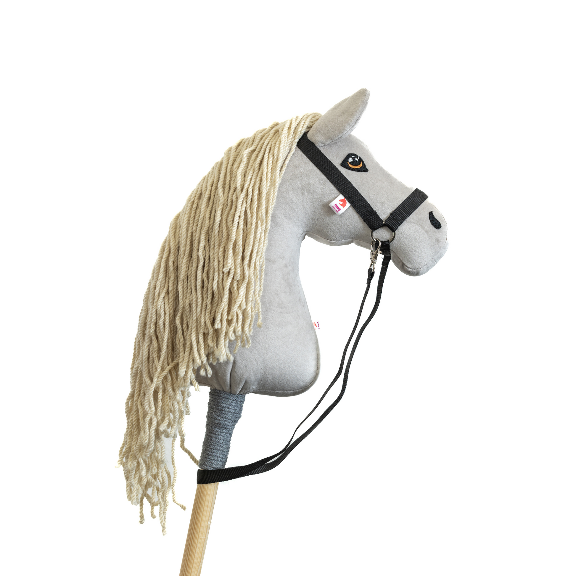 Bílý hobby horse bělouš jménem Cora, hříbě na tyči, česká ruční výroba.