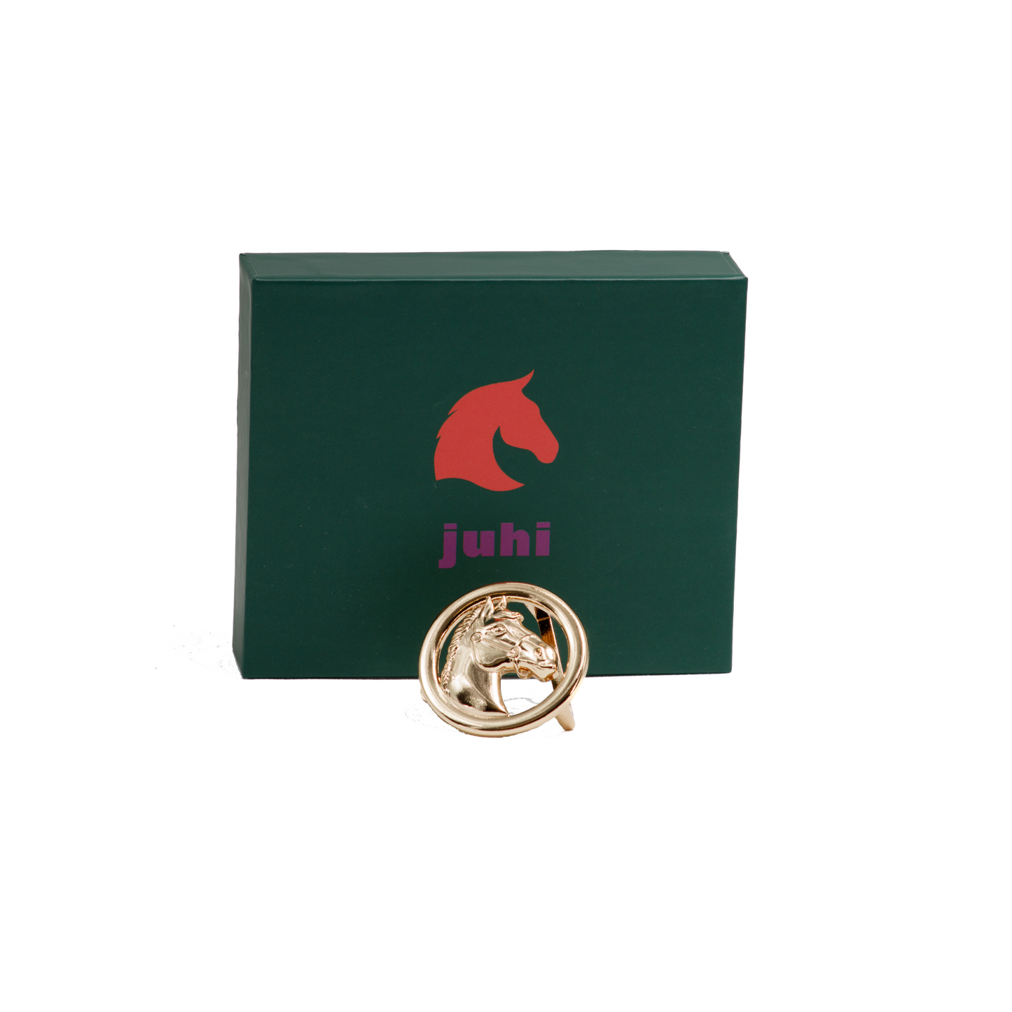 Zlatá spona na šátek s motivem hlavy koně, zdobená třpytivými krystaly Swarovski.