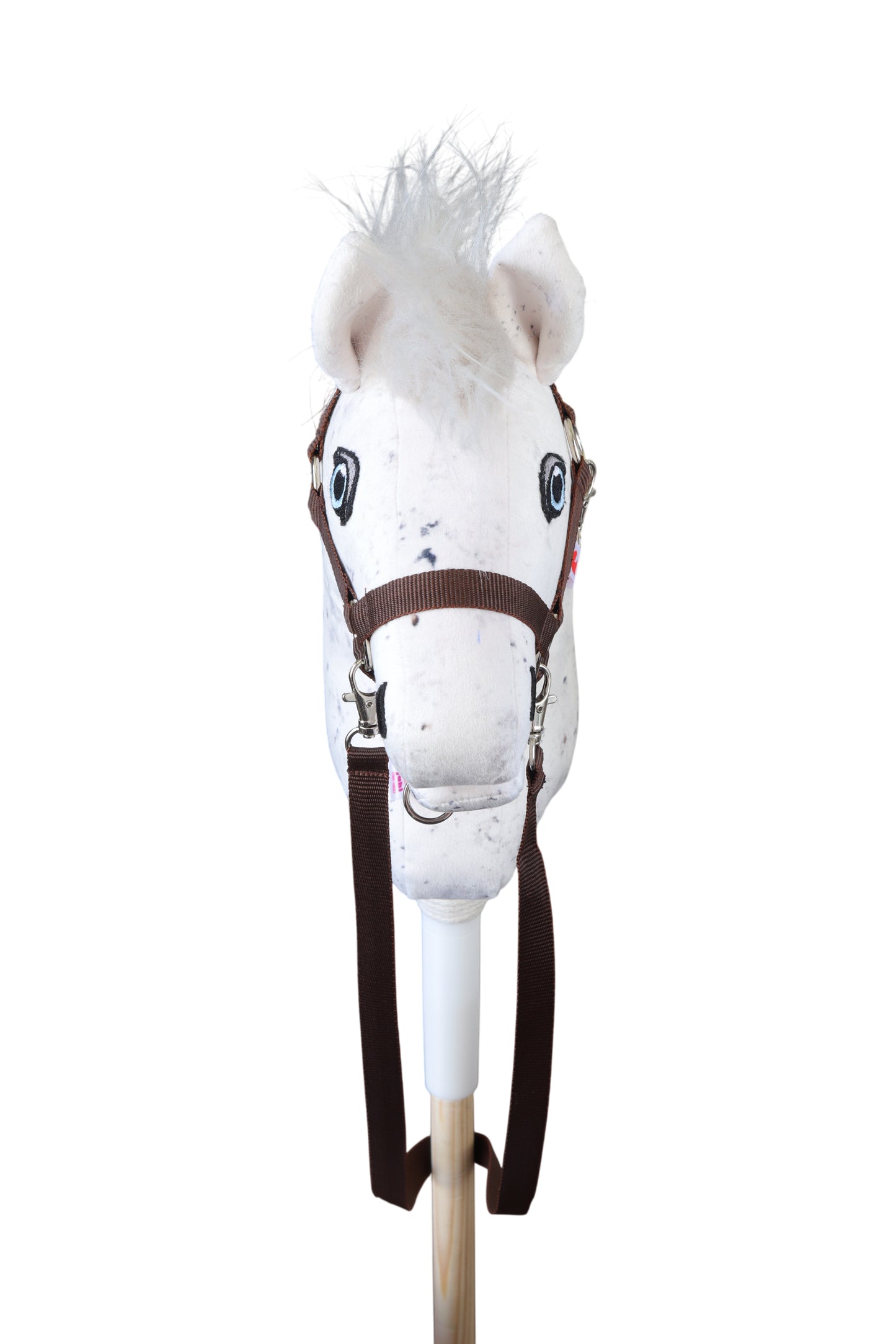 Hobbyhorse s hnědou ohlávkou a otěží z polypropylenu. Pohled zepředu.