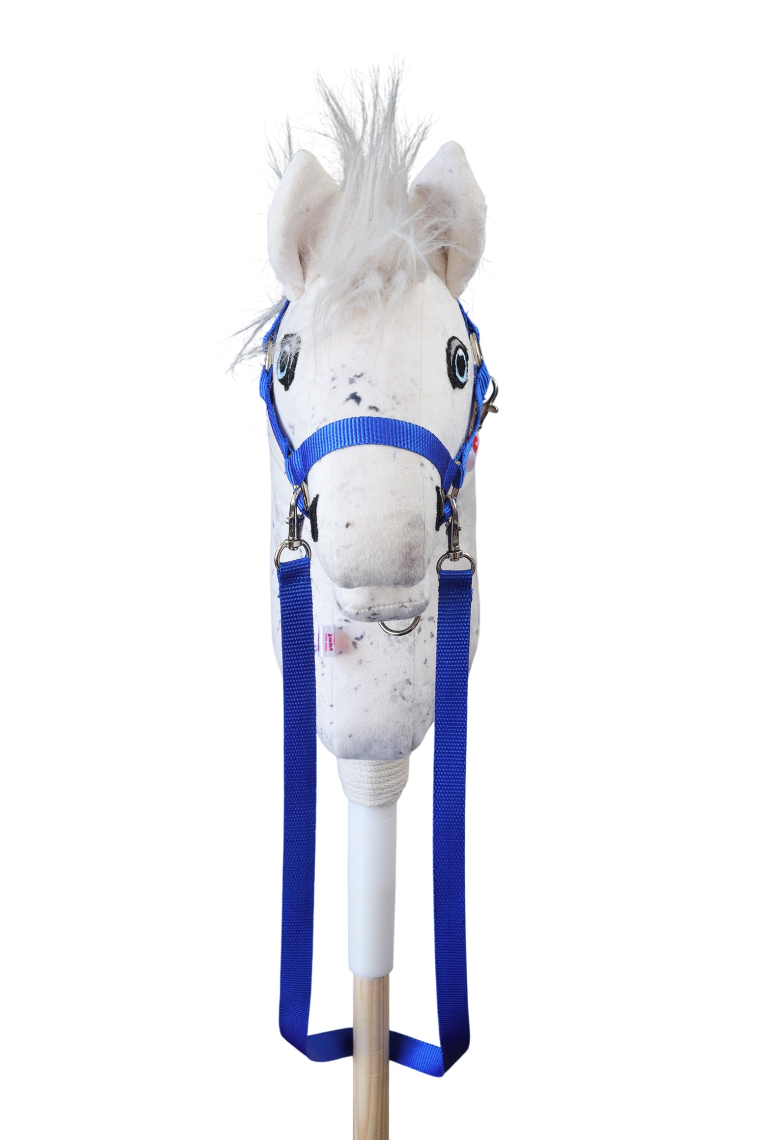 Hobbyhorse s tmavě modrou ohlávkou a otěží z polypropylenu. Pohled zepředu.