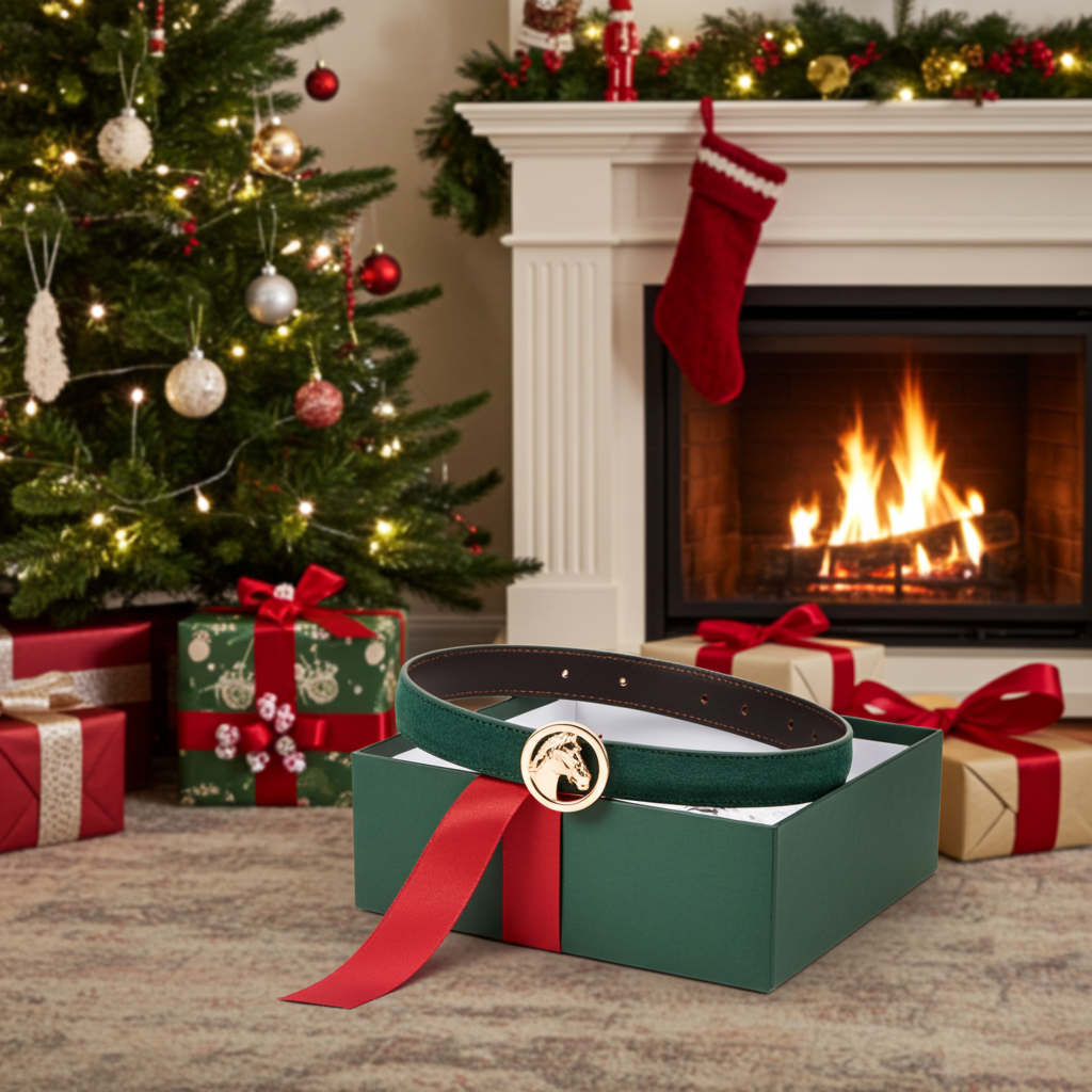 Pásek tmavě zelený  s měnitelnou sponou hlava koně zlatá